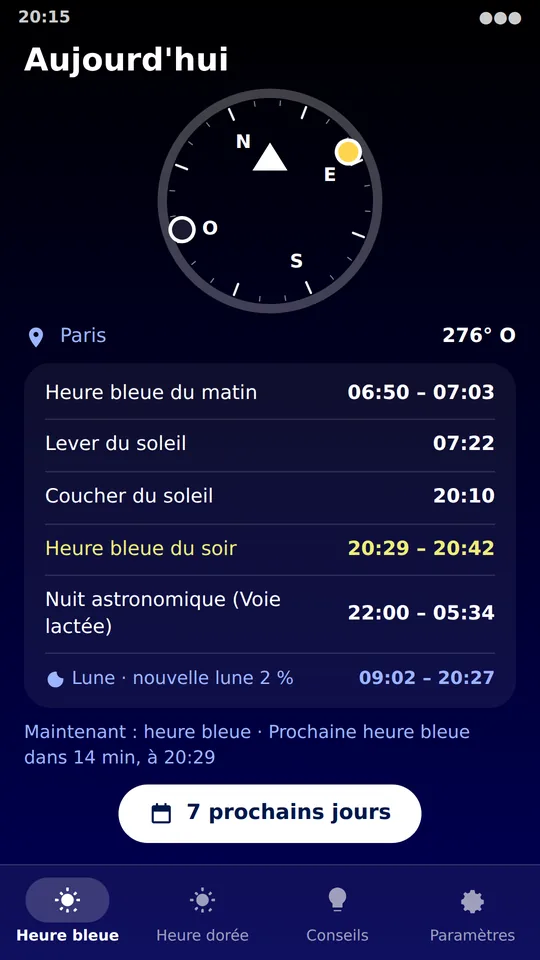 L’écran Aujourd’hui : heures bleues, lever et coucher du soleil, avec la boussole